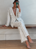 White Pearl Beaded Blazer Flared Pants Two‑Piece Set