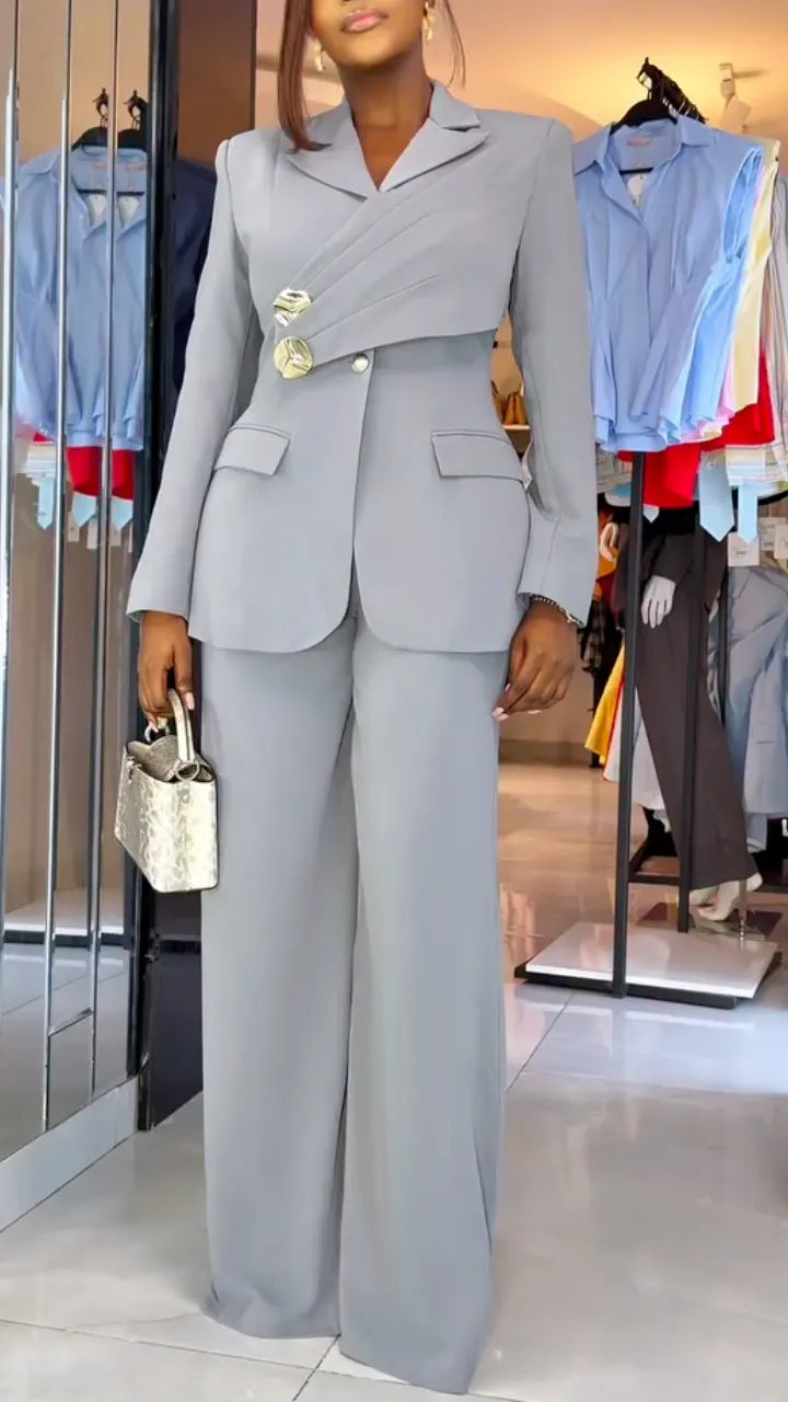 Women Collar Splicing Jacket+ Wide Leg Pants Temperament Commuting Formal Suit