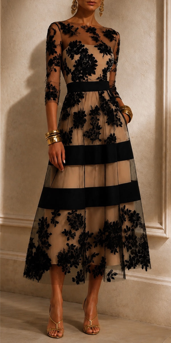 Black Floral Lace Midi Cocktail Dress
