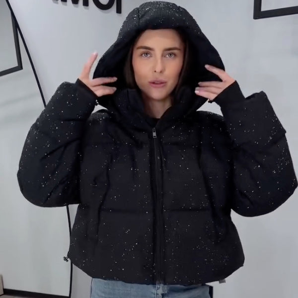 Black Glitter Cropped Hooded Puffer Coat
