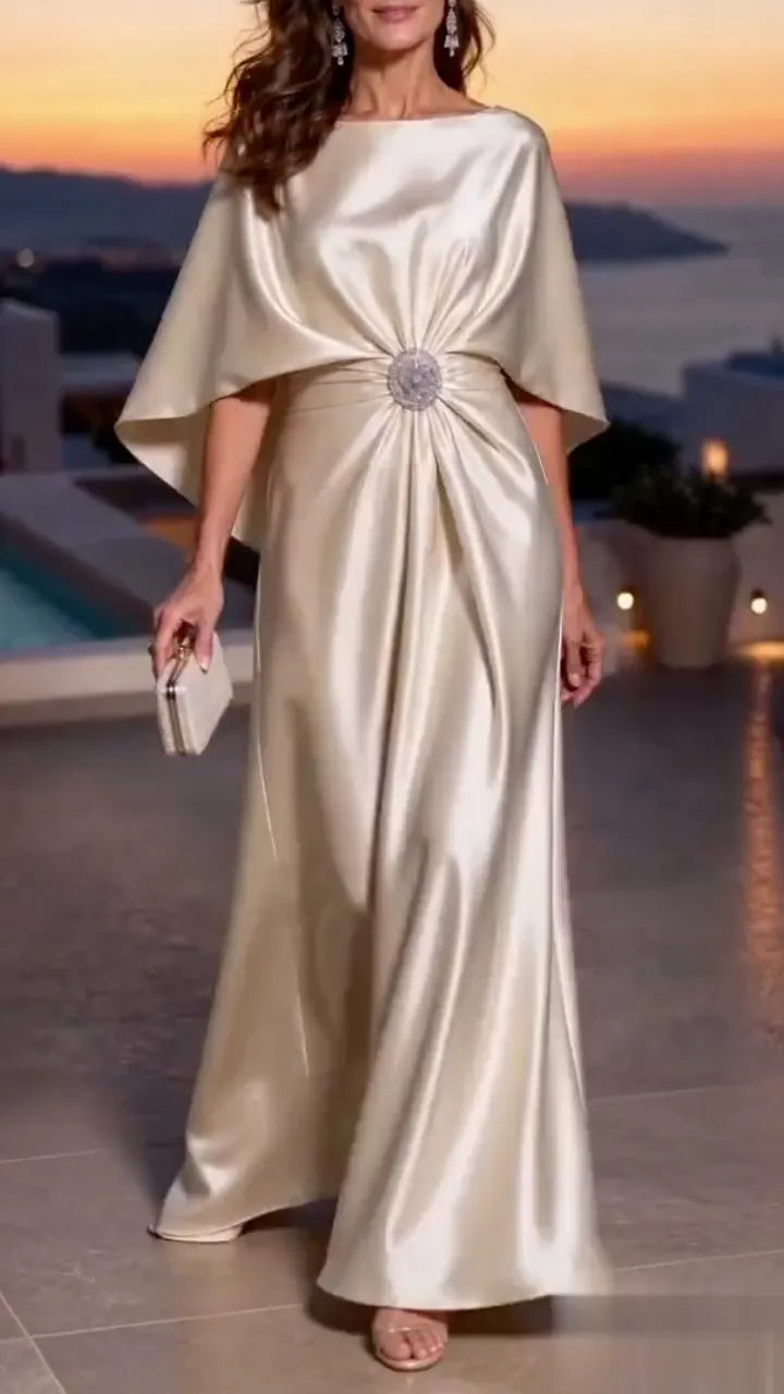 Champagne Cape Sleeve Satin Evening Gown