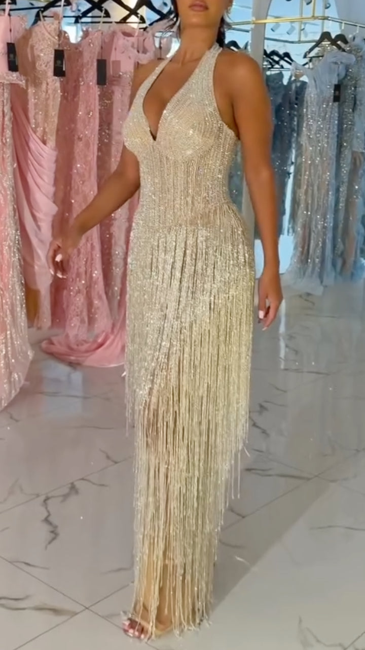 Halter V‑Neck Fringe Maxi Party Dress**
