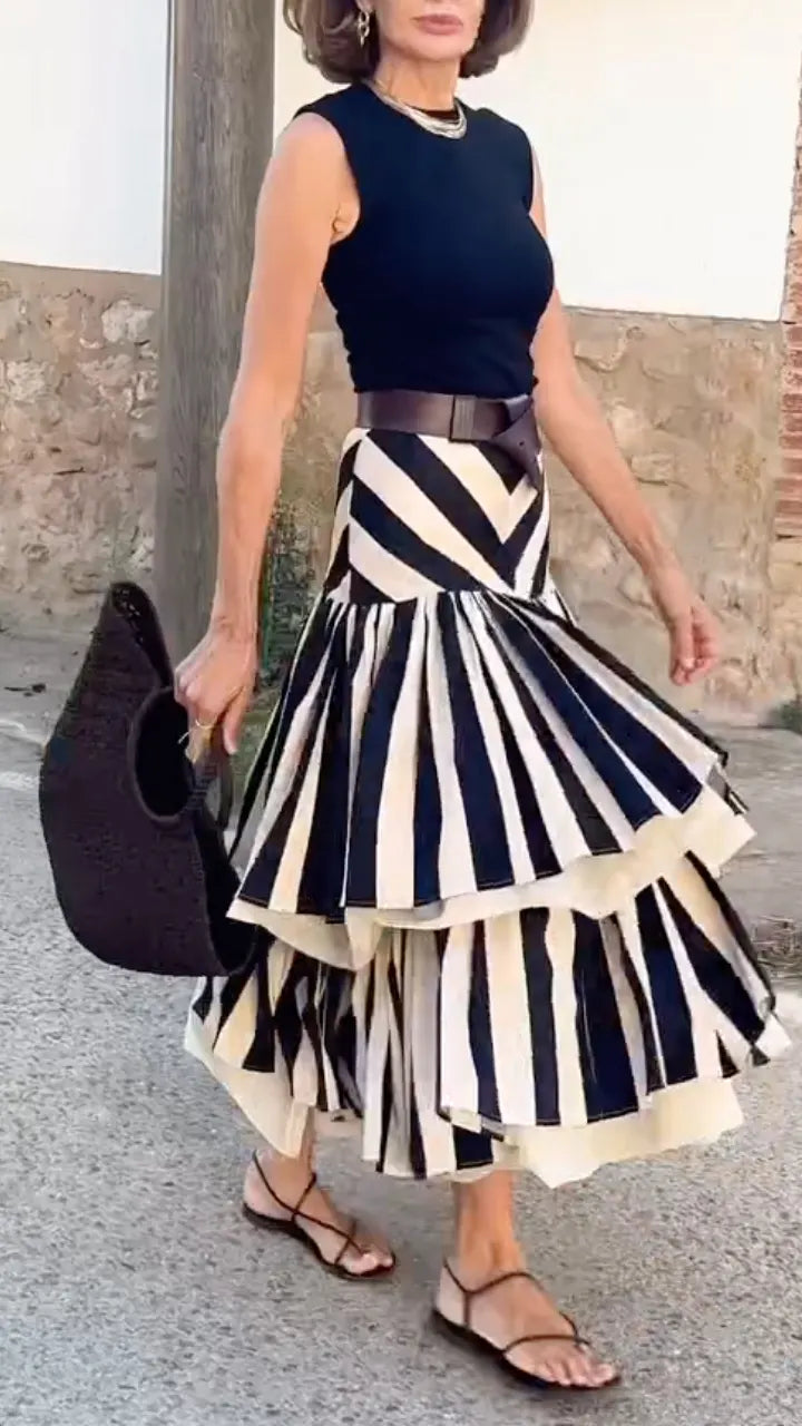 Black And White Stripe Tiered Maxi Skirt
