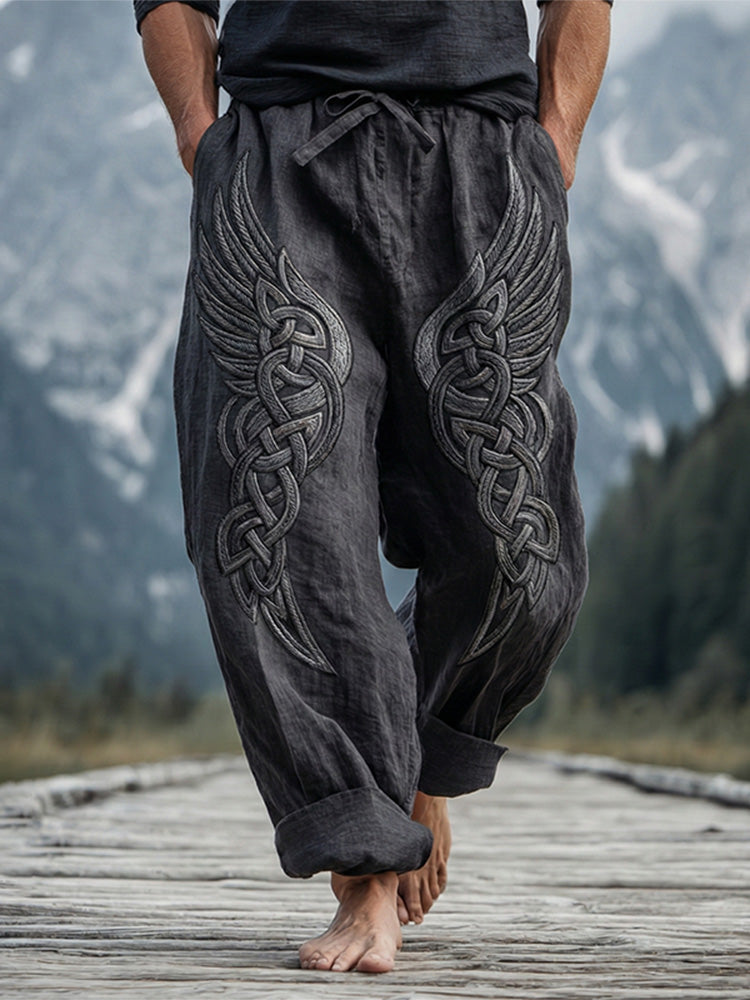 Men's Viking Tribal Jacquard Celtic With Wings Inspired Art Linen Pants
