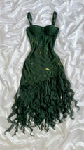 Dark Green Beaded Floral Ruffled Midi Dress