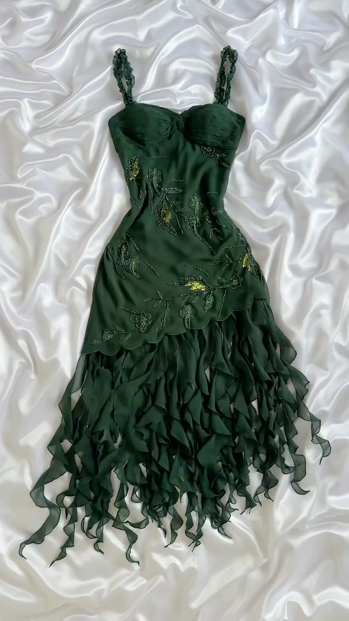 Dark Green Beaded Floral Ruffled Midi Dress