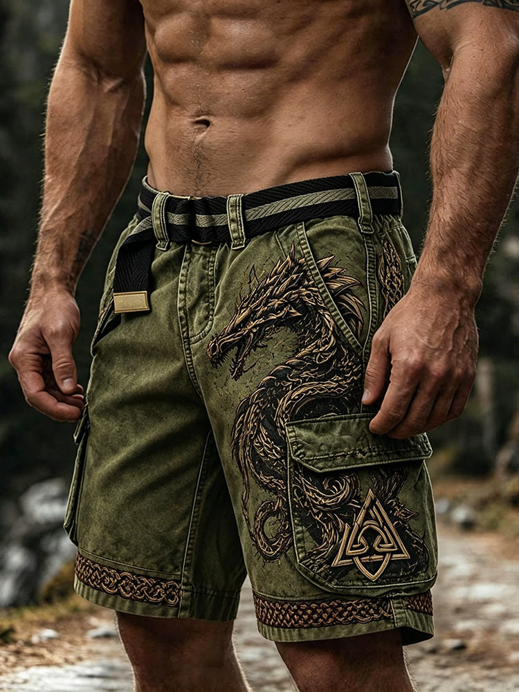 Ethnic Retro Viking Dragon Print Multi-pocket Shorts