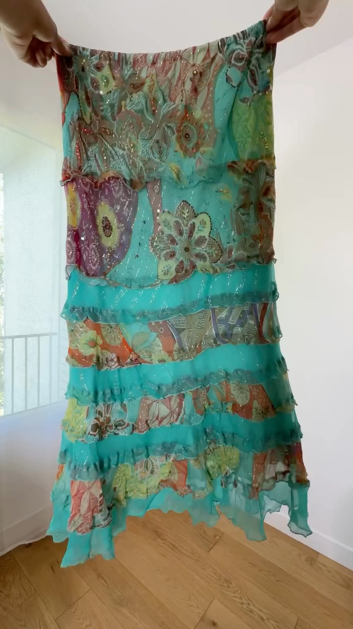 Vintage Floral Print Tiered Ruffle Maxi Skirt