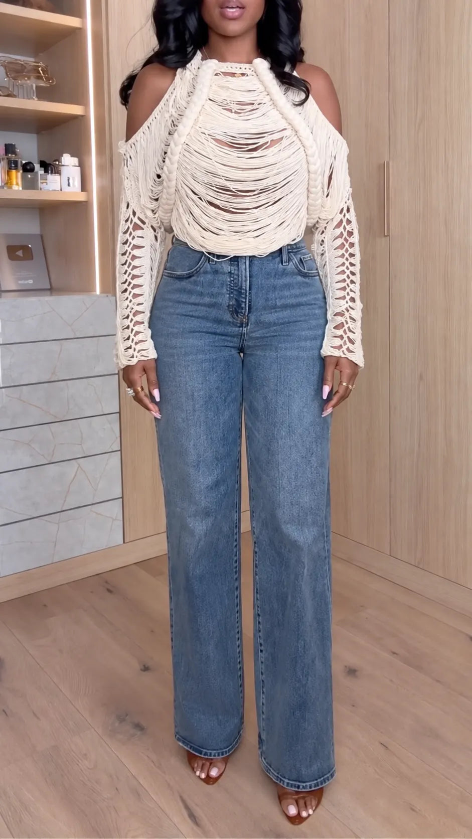 Off Shoulder Fringed Crochet Top With Wide Leg Jeans