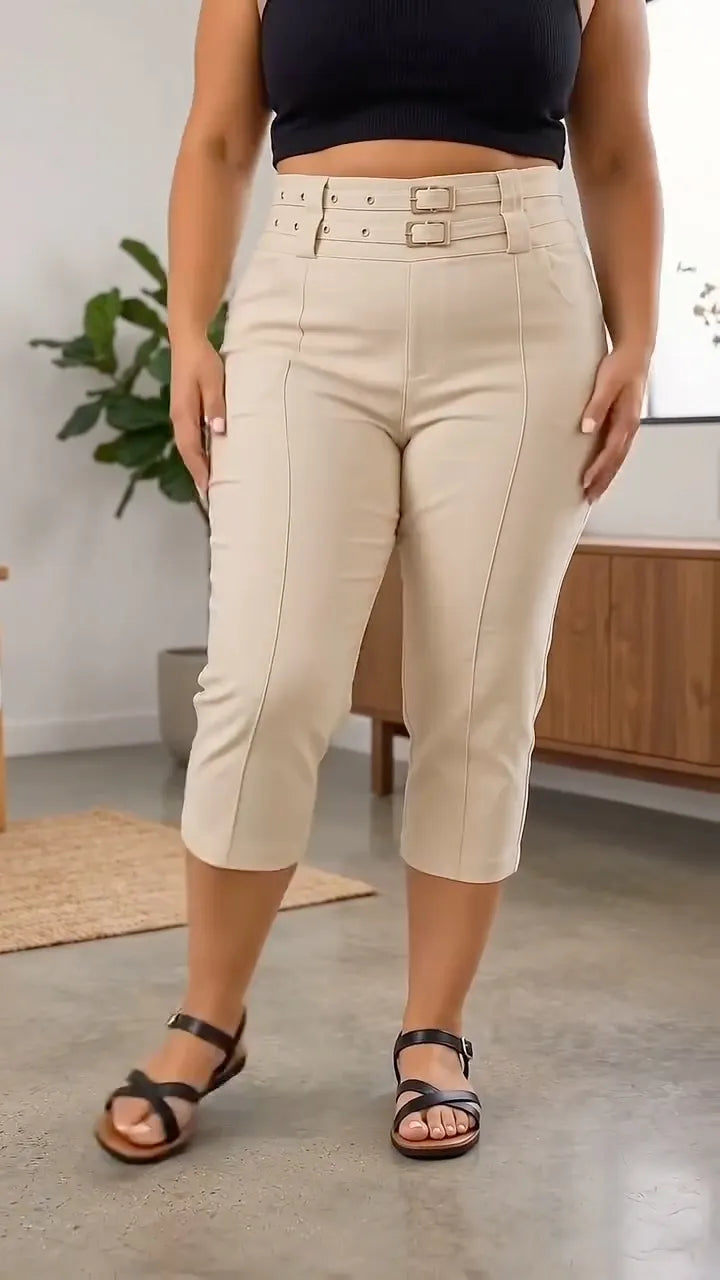 Plus‑Size Double Buckle High‑Waist Capri Pants