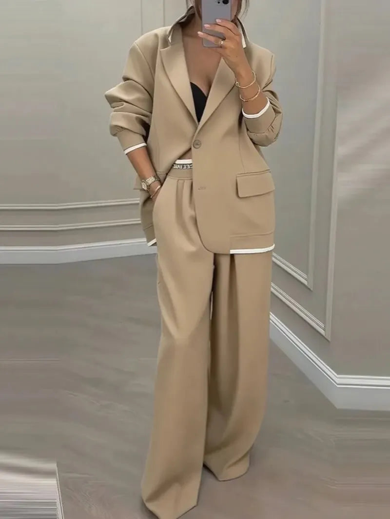 Contrast Trim Oversized Blazer And Wide Leg Pants Two Piece Set