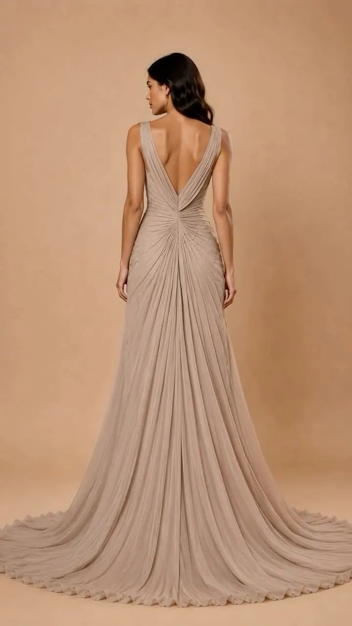 Taupe Ruched V‑Neck Chiffon Evening Gown With Floral