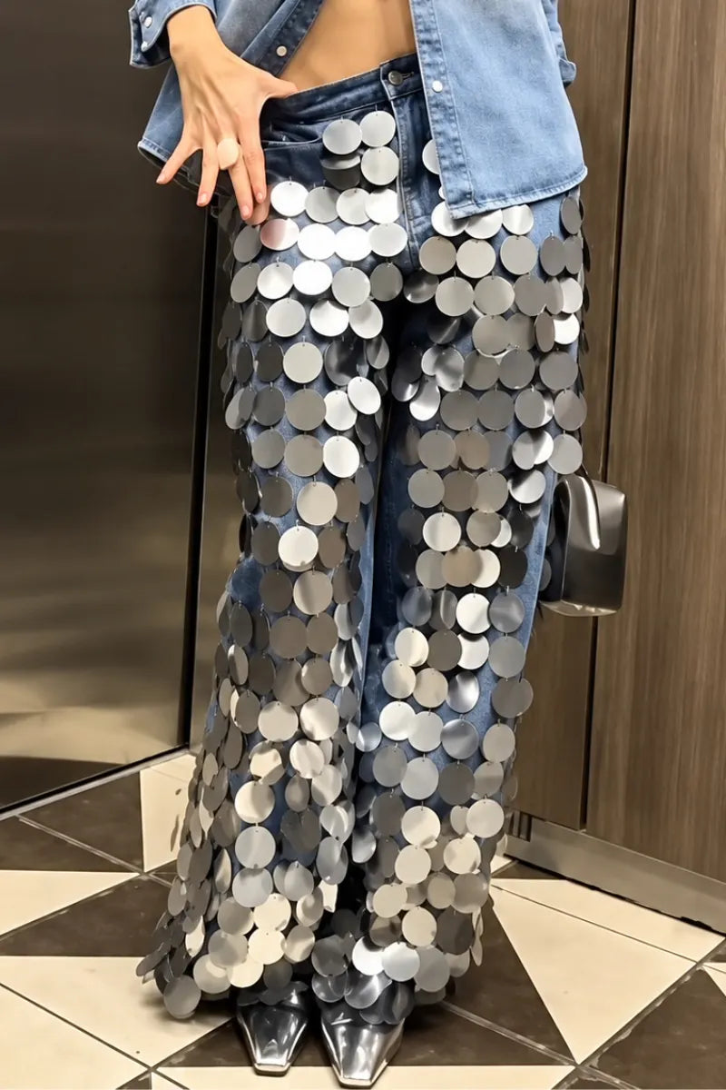 Oversized Denim Shirt With Silver Sequin Flare Pants