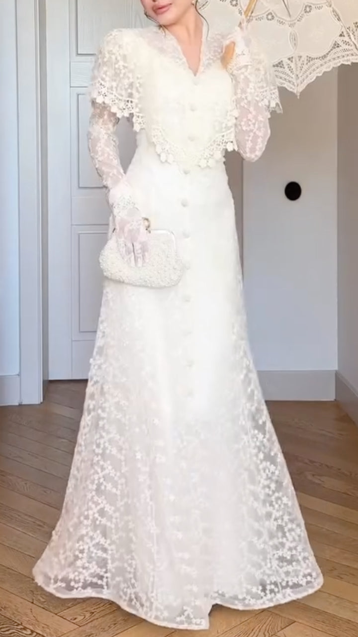 Vintage White Lace Victorian Wedding Gown
