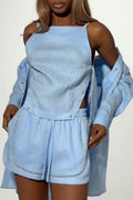 Light Blue Rhinestone Trim Linen Shirt And Shorts Three‑Piece Set