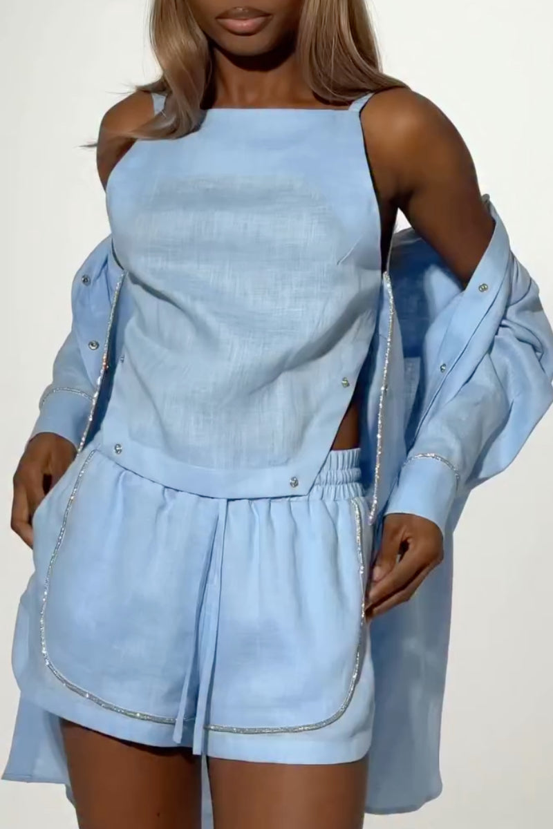 Light Blue Rhinestone Trim Linen Shirt And Shorts Three‑Piece Set