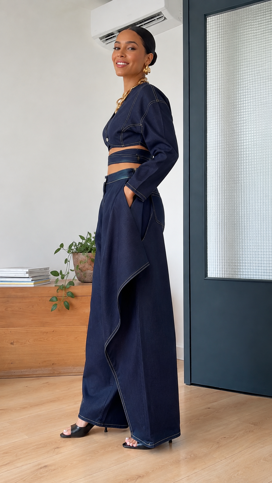 Denim Wrap Crop Top & Origami Wide‑Leg Pant Set