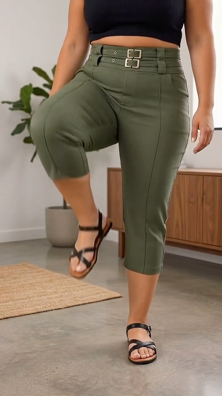 Plus‑Size Double Buckle High‑Waist Capri Pants
