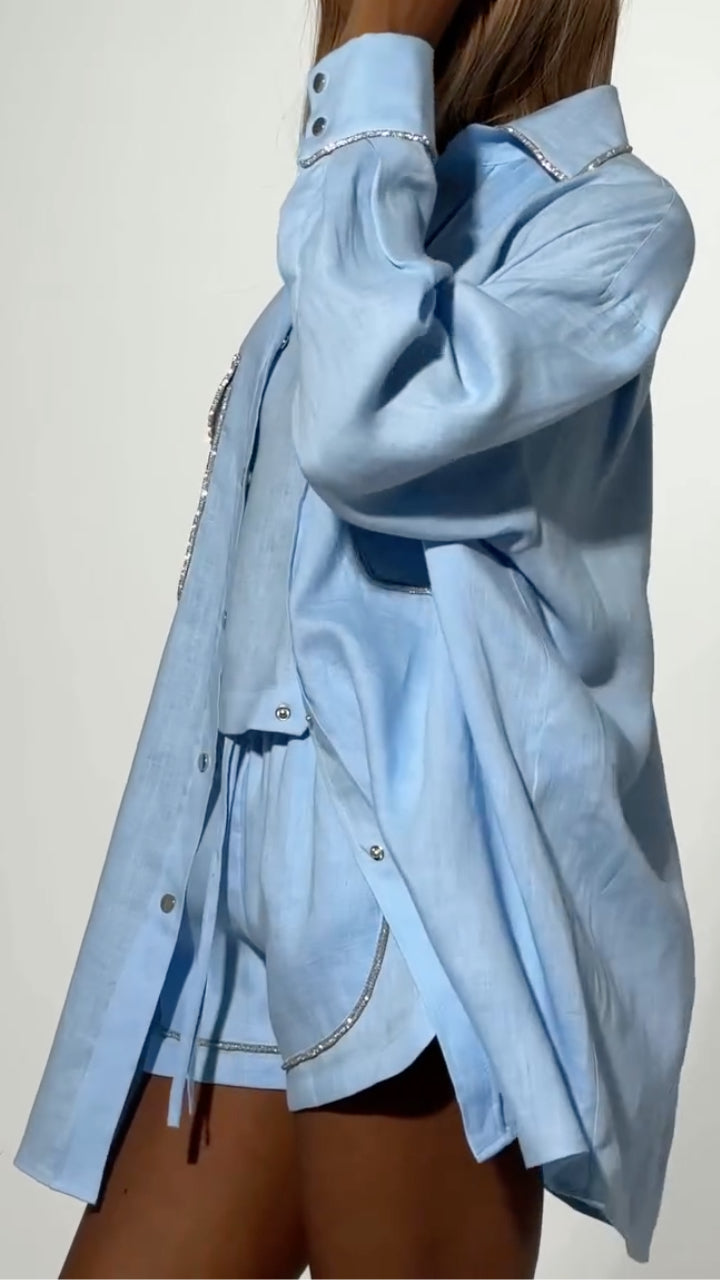 Light Blue Rhinestone Trim Linen Shirt And Shorts Three‑Piece Set