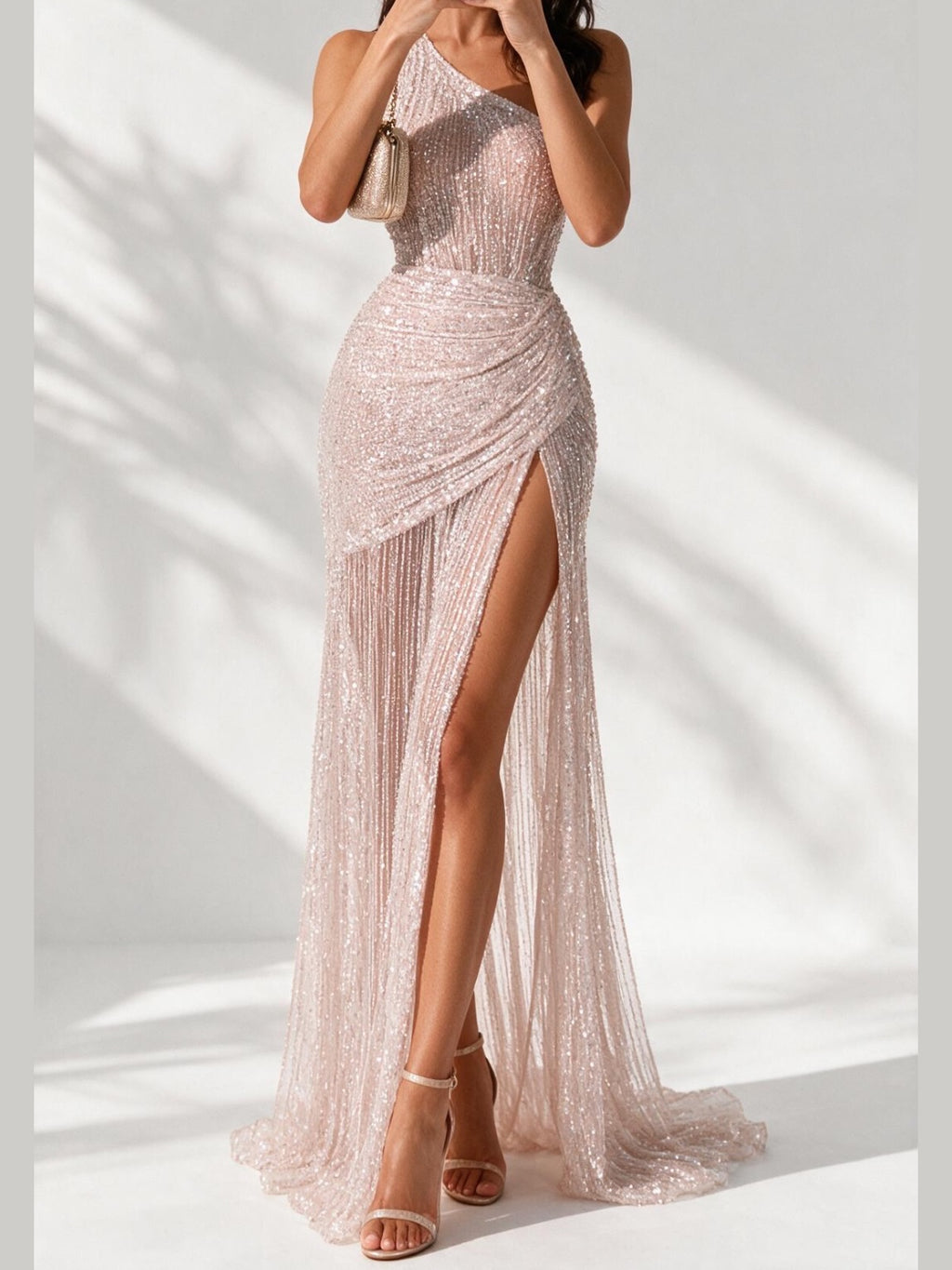 One Shoulder Sequin Beaded High Slit Evening Gown