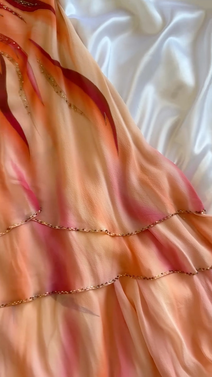 Tie‑Dye Beaded Ruffled Chiffon Midi Dress
