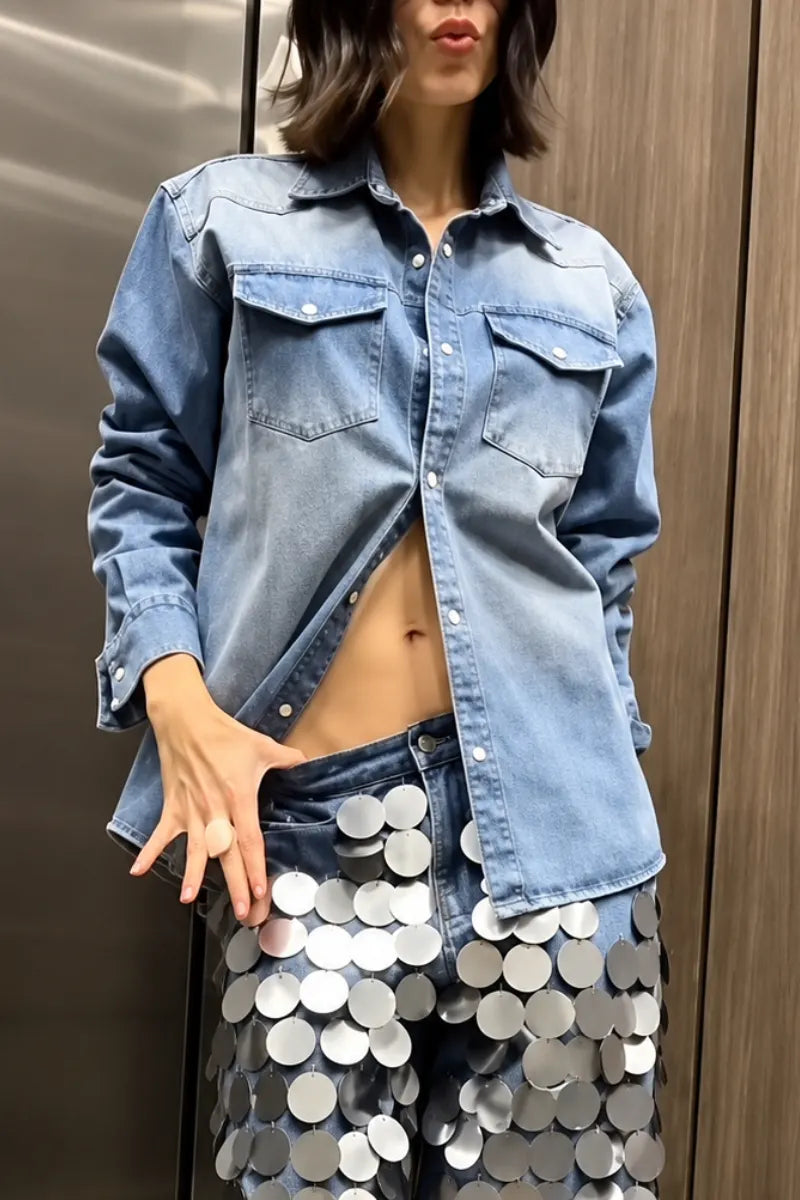 Oversized Denim Shirt With Silver Sequin Flare Pants