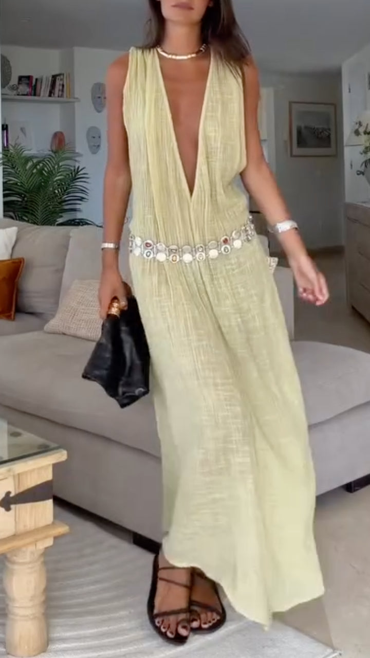 Crinkle Gauze Deep V‑Neck Maxi Dress