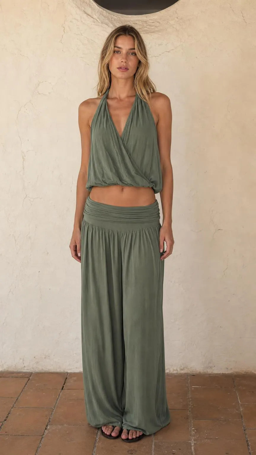 Women's Halter Crop Top and Wide Leg Pants Two-Piece Set