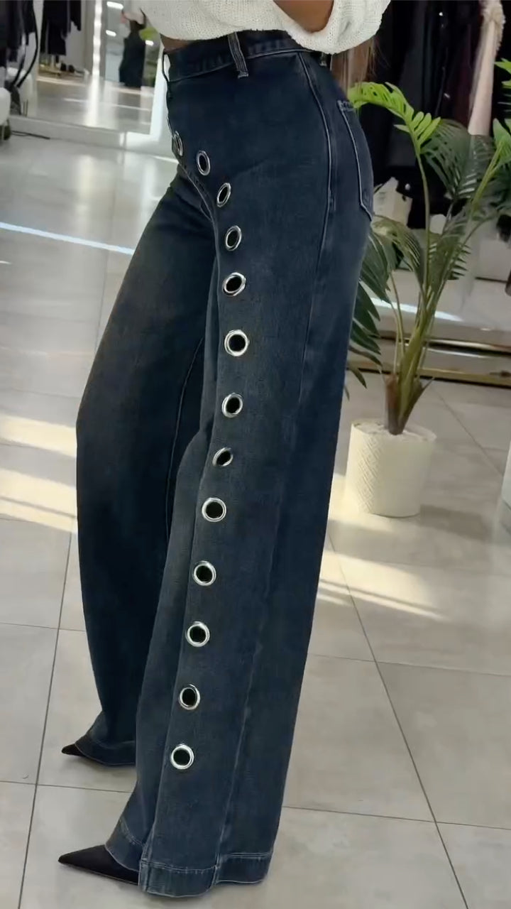 Dark Denim Eyelet Detail Wide Leg Jeans