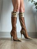 Snake Print Mesh Panel Pointed Toe Stiletto Knee High Boots