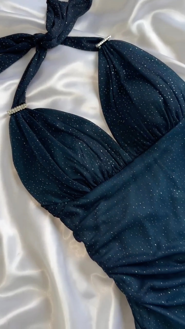 Teal Glitter Halter Tie Back Chiffon Maxi Dress