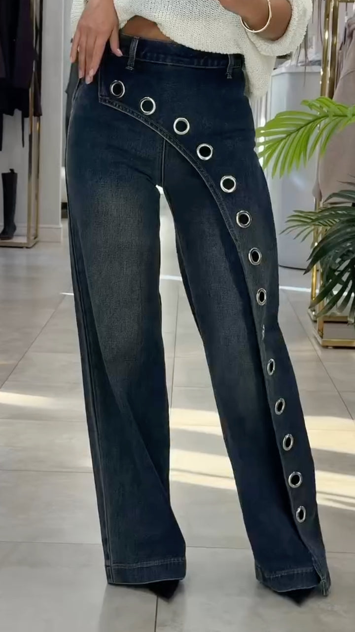 Dark Denim Eyelet Detail Wide Leg Jeans