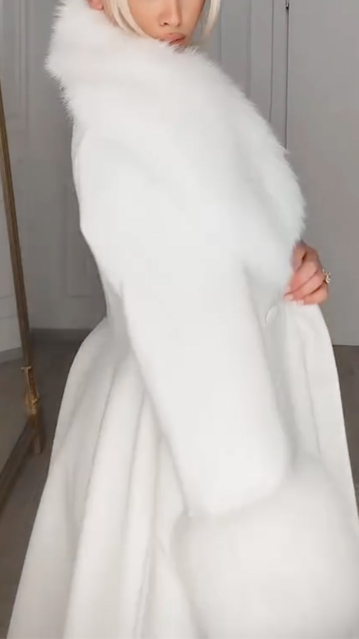 White Faux Fur Collar Wool Blend Midi Coat