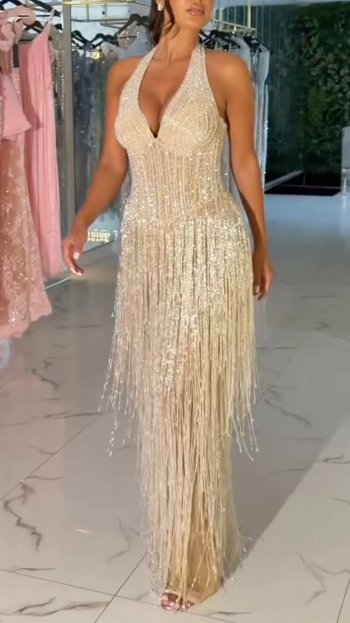 Halter V‑Neck Fringe Maxi Party Dress**