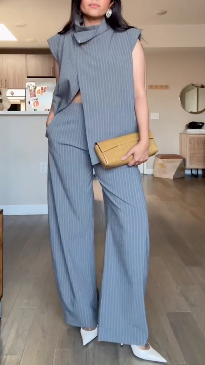 Grey Pinstripe Sleeveless Vest & Wide Leg Pants Set