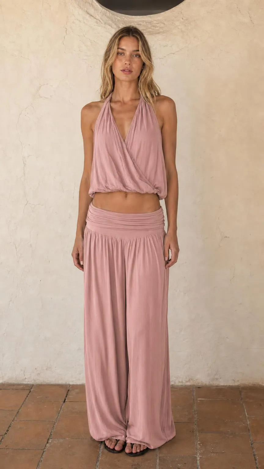 Women's Halter Crop Top and Wide Leg Pants Two-Piece Set