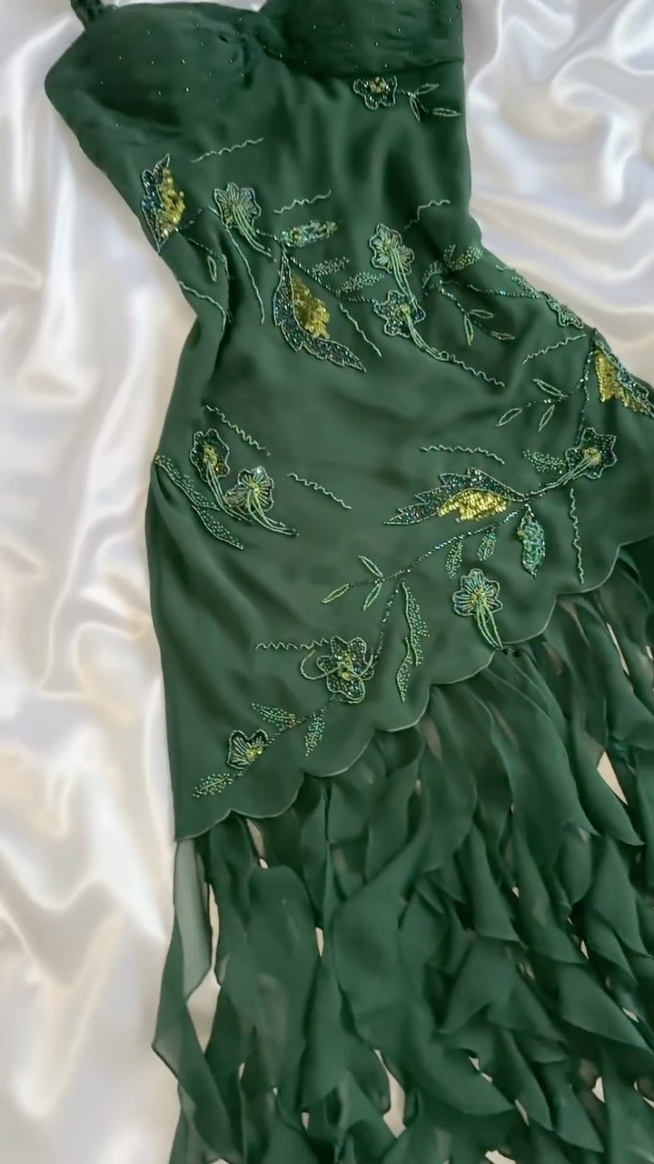 Dark Green Beaded Floral Ruffled Midi Dress