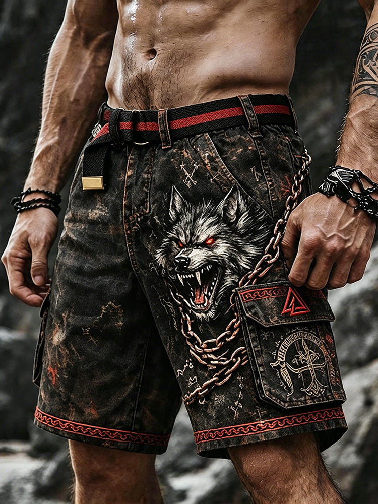 Men's Retro Outdoor Casual Viking Wolf Print Shorts