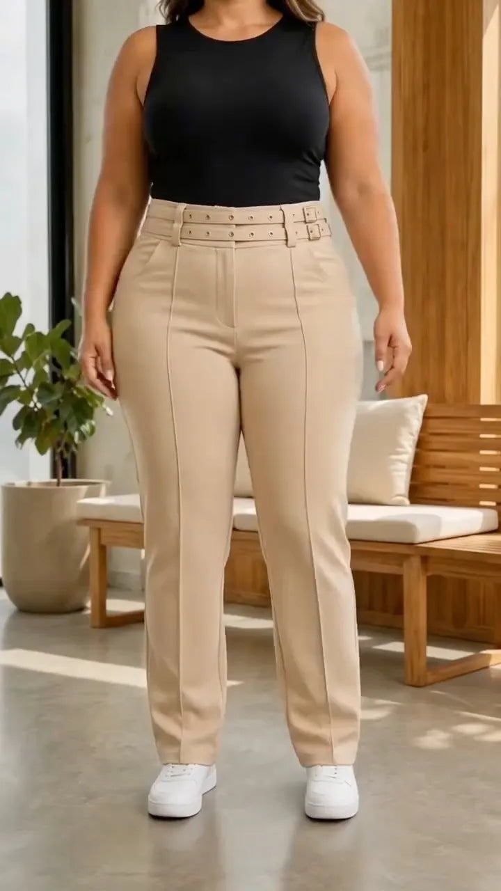Plus‑Size Double Buckle High‑Waist Straight‑Leg Trousers