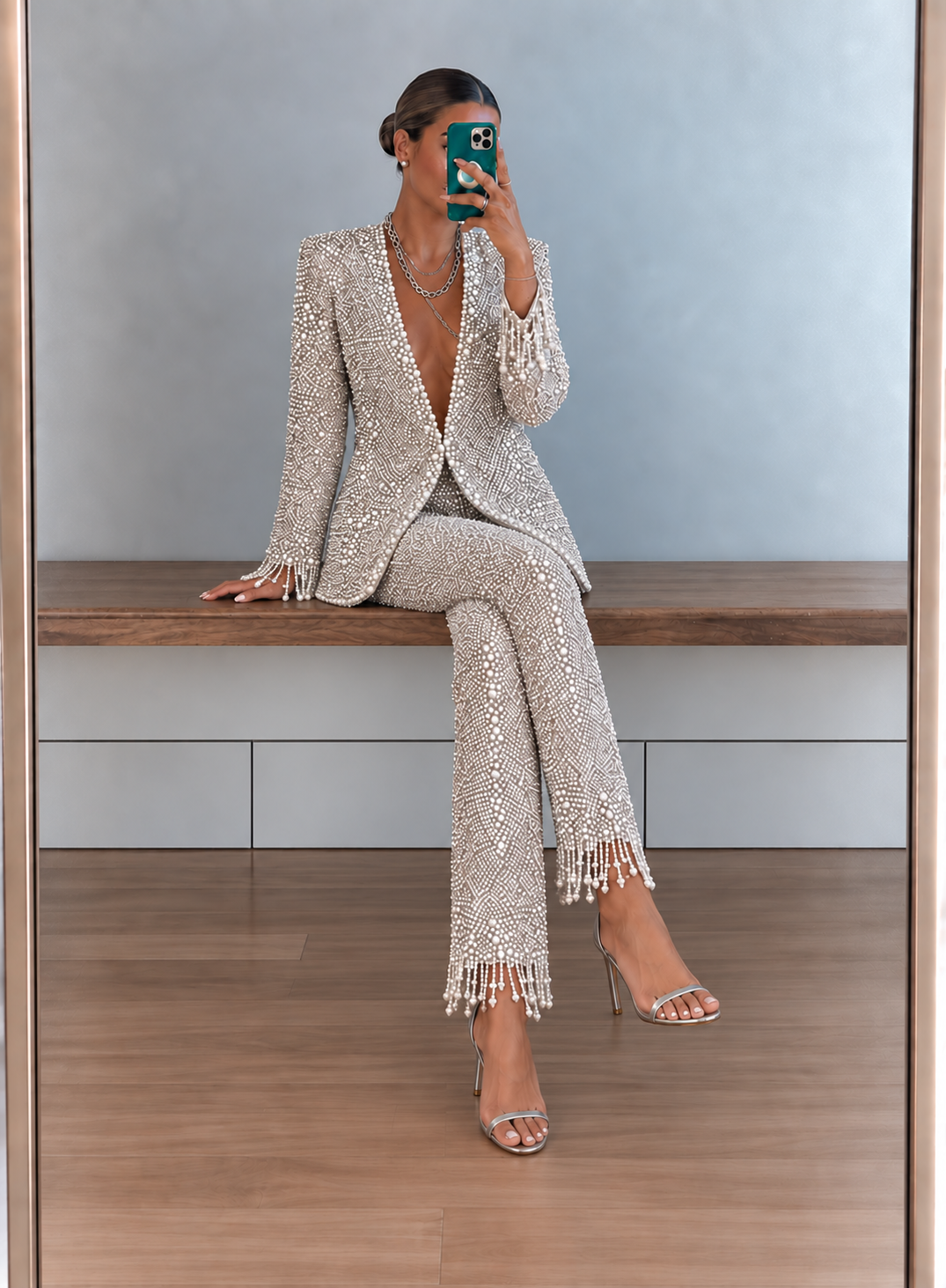 Silver Beaded Fringe Blazer Cropped Pants Two‑Piece Set