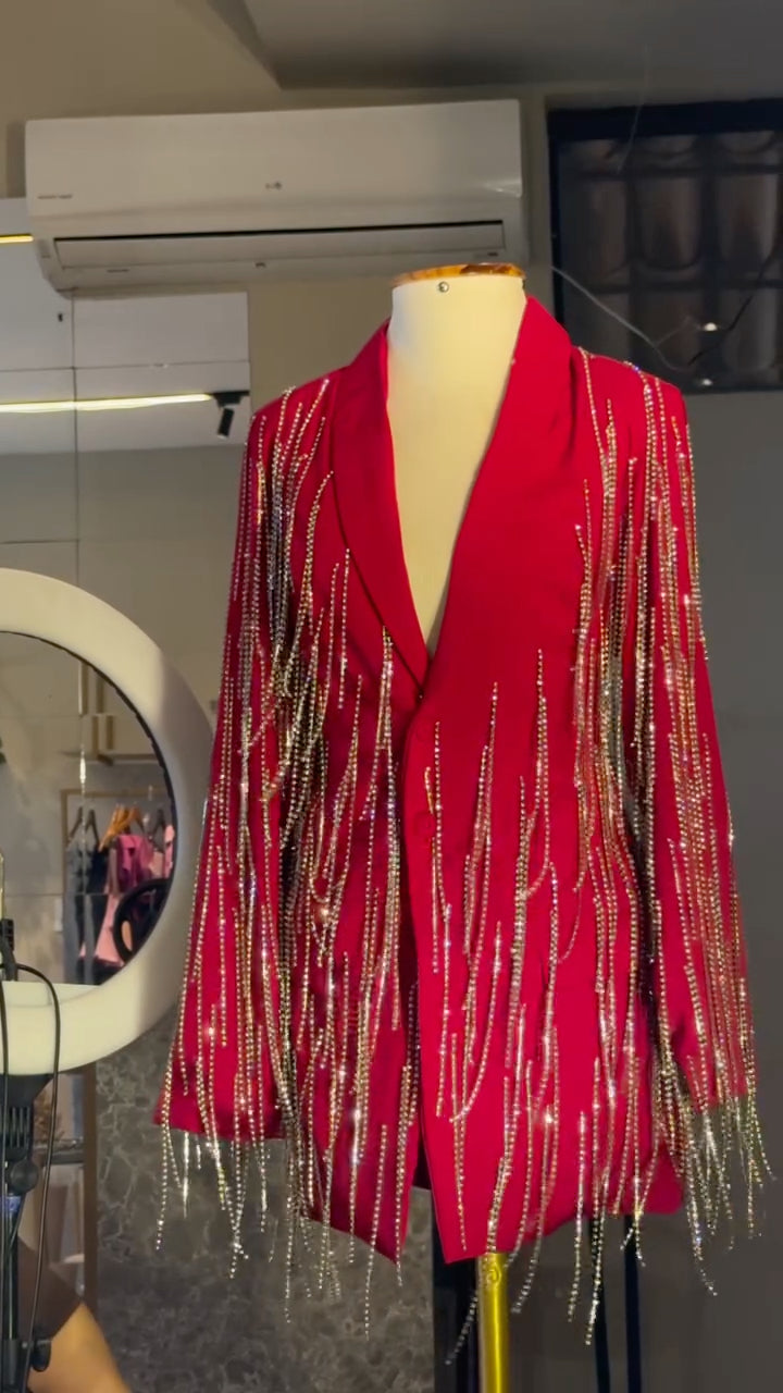 Red Blazer Jacket With Sparkling Rhinestone Fringe