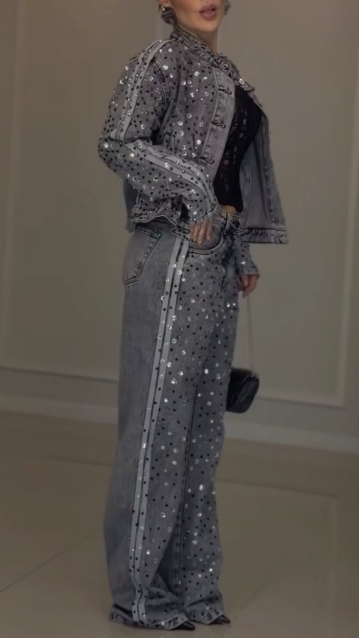 Denim Rhinestone Jacket And Jeans Two‑Piece Set