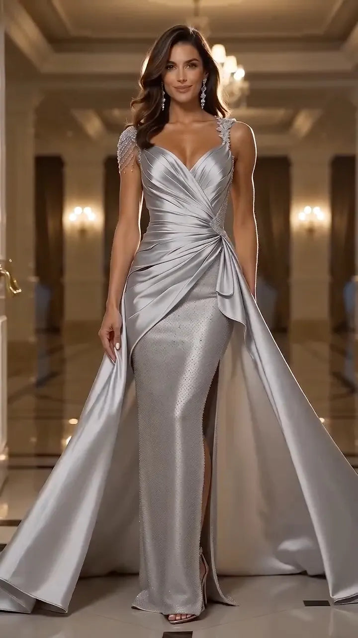 Silver Satin Beaded Slit Evening Gown