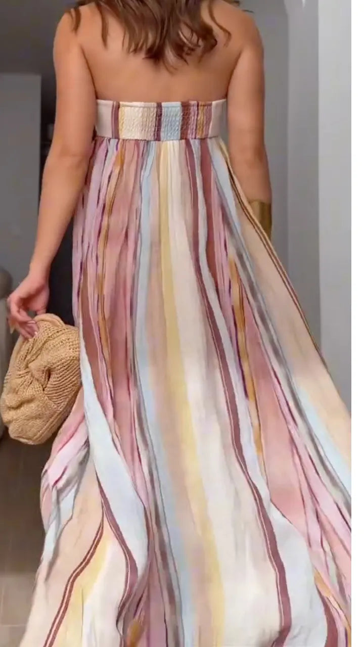 Black Draped Sleeveless Midi DressPastel Watercolor Stripe Strapless Maxi Dress