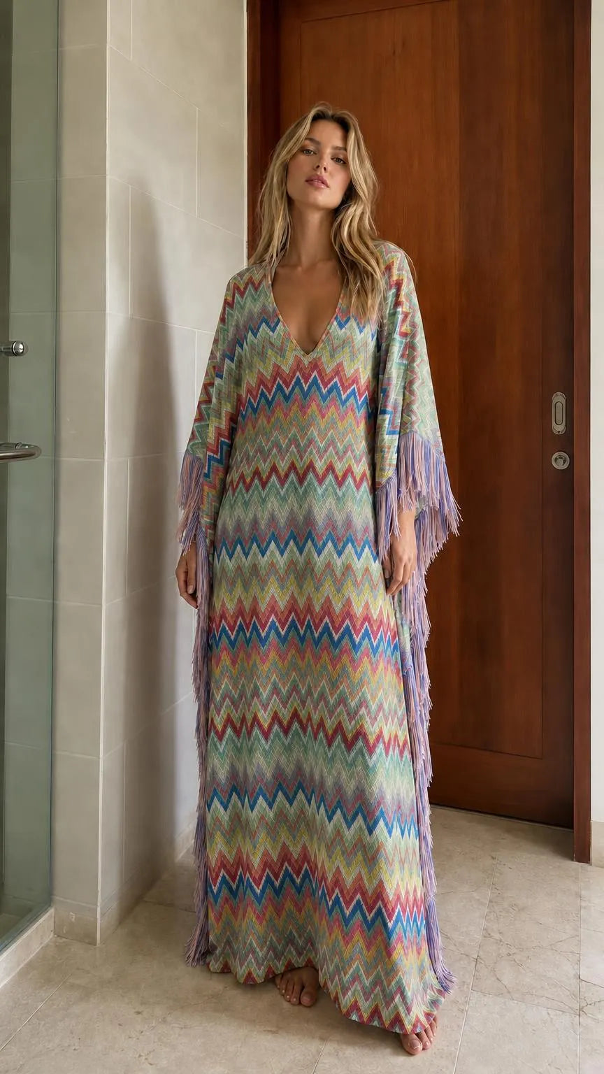 Bohemian Chevron Fringe Maxi Kaftan Dress