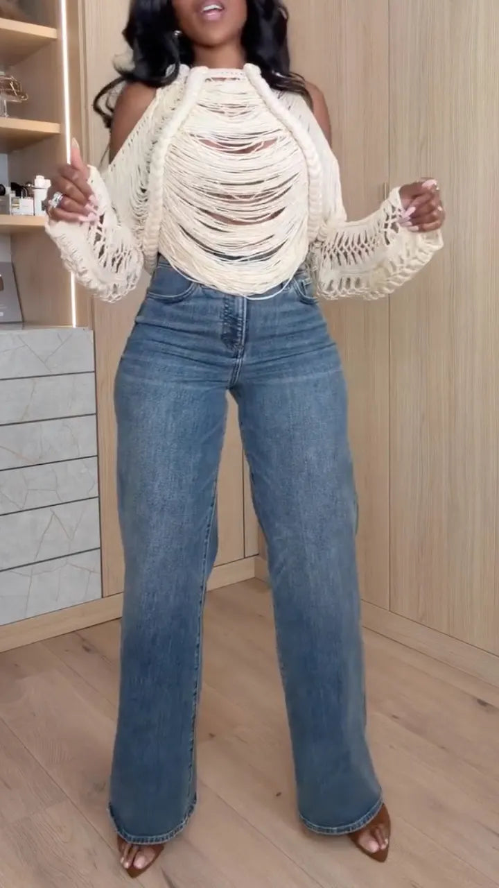 Off Shoulder Fringed Crochet Top With Wide Leg Jeans