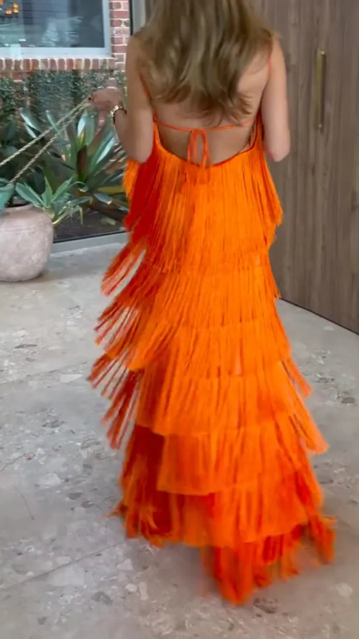 Vibrant Orange Tiered Fringe Maxi Dress