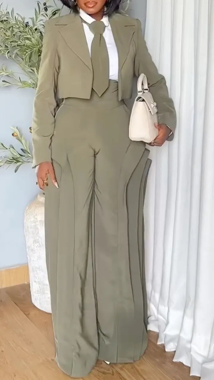 Olive Cropped Lapel Blazer Layer Flare Pant Suit Set（Buy 1 Free Shipping）