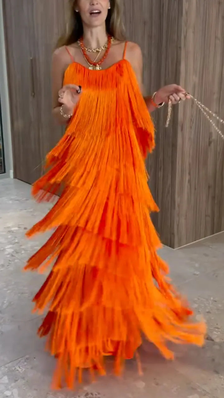 Vibrant Orange Tiered Fringe Maxi Dress