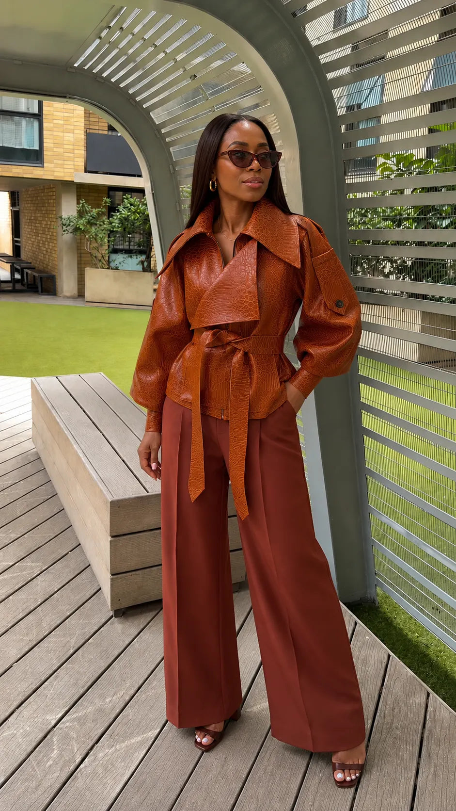 Croc‑Embossed Faux Leather Belted Wrap Jacket